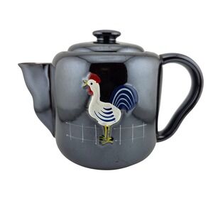 Vintage Ceramic Rooster Teapot Black Glossy‎ Country Farmhouse Kitchen Decor